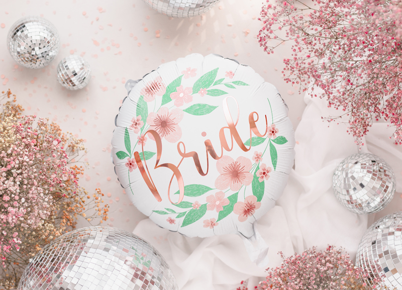 Balon foliowy okrągły biały Bride + kwiaty 