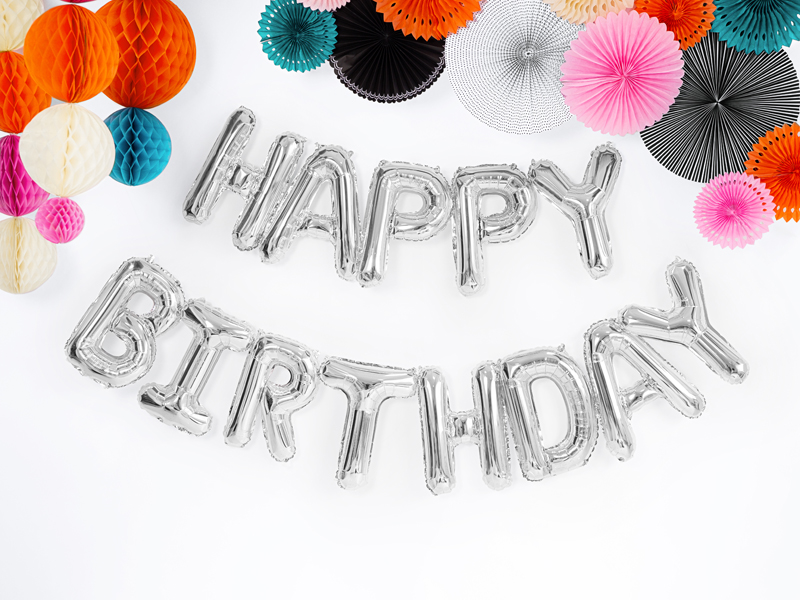 Balon foliowy Happy Birthday srebrny 340x35 cm