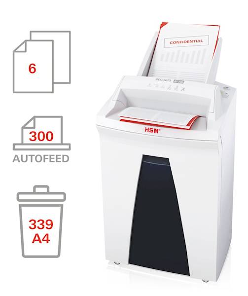 NISZCZARKA HSM SECURIO AF300 z podajnikiem kosz 35L , cięcie ścinki 0,78x11mm , wydajność do 300 arkuszy