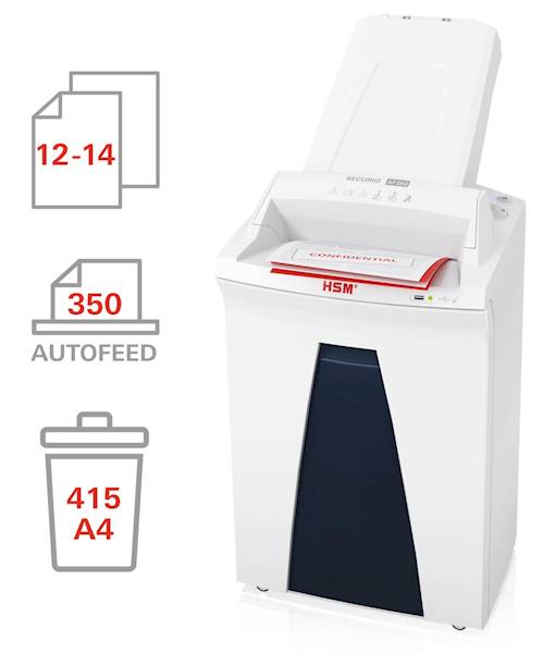 NISZCZARKA HSM SECURIO AF350 z podajnikiem na 350 arkuszy, kosz 35L , szerokość szczeliny 240mm