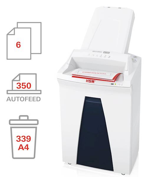 NISZCZARKA HSM SECURIO AF350 z podajnikiem kosz 35L , cięcie ścinki 0,78x11mm , wydajność do 350 arkuszy