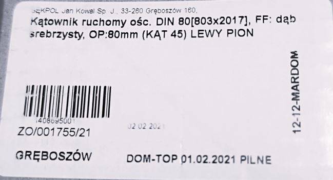 KĄTOWNIK 20 mm VIVENTO DĄB SREBRZYSTY 8/45 PION LE