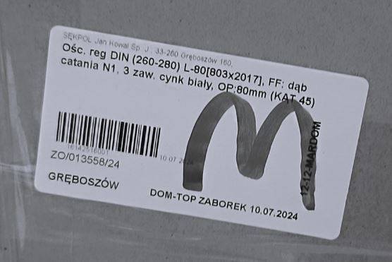 OŚCIEŻNICA REG. 260-280 80L DĄB CATANIA 8 cm