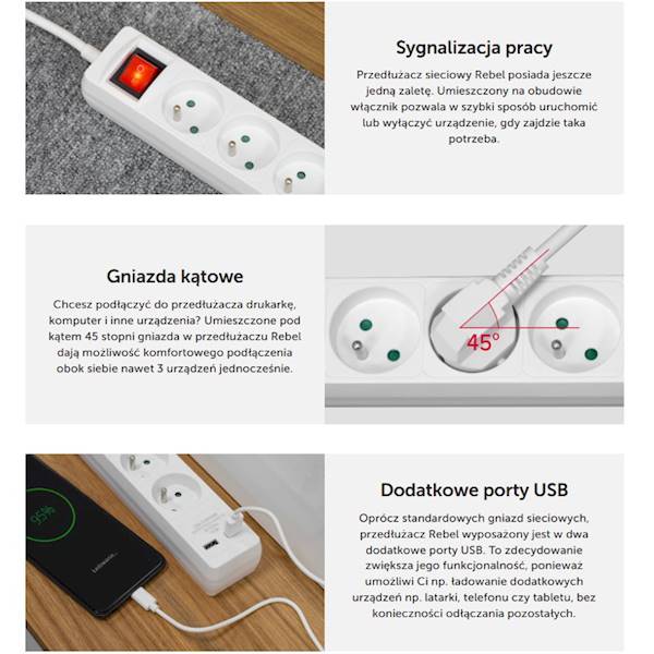 LISTWA ZASILAJĄCA 3 gniazda + 2x USB - 1,5m
