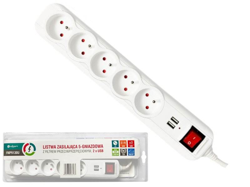 LISTWA ZASILAJĄCA 5 gniazd + 2x USB - 1,5m