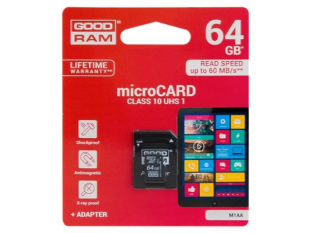 Karta micro SD HC 64GB + adapter GOODRAM CLASS 10