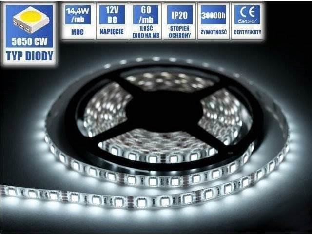 Taśma 300 LED / 5050 - 12V / 72W biały zimny