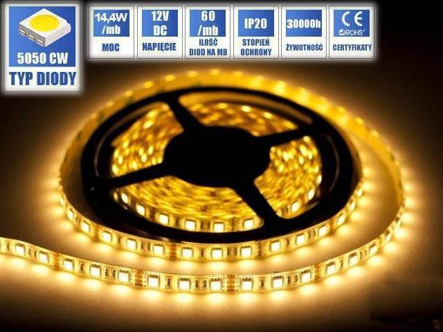 Taśma 300 LED / 5050 - 12V / 72W biały ciepły 5m