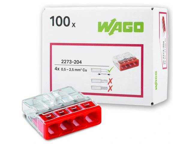 SZYBKOZŁĄCZE WAGO 2273-204 CZERWONE x4 - 100szt.