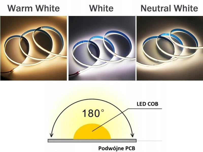 Taśma LED pasek COB 9W/1M 12V IP20 5m b. ciepła
