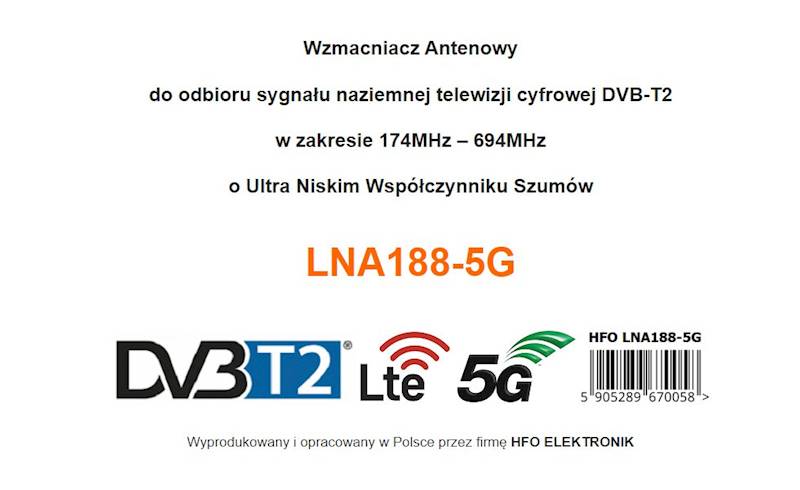 LNA188-5G + 30dB Wzmacniacz antenowy DVB-T2 + wt.F