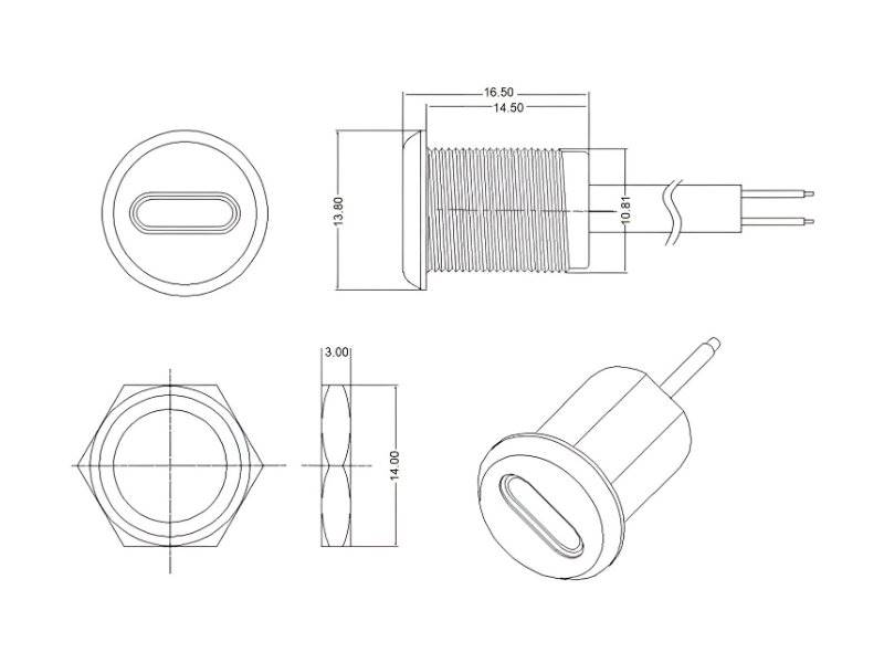 Gniazdo USB-C 2 przewody do obudowy