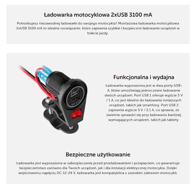 Ładowarka motocyklowa 2x USB 12-24V 3,1A