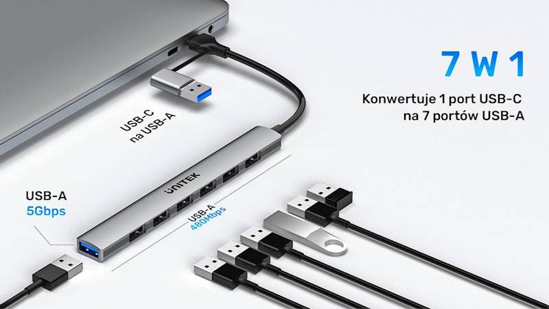 Unitek HUB S7 na 7 portów USB z adapteram USC C+A