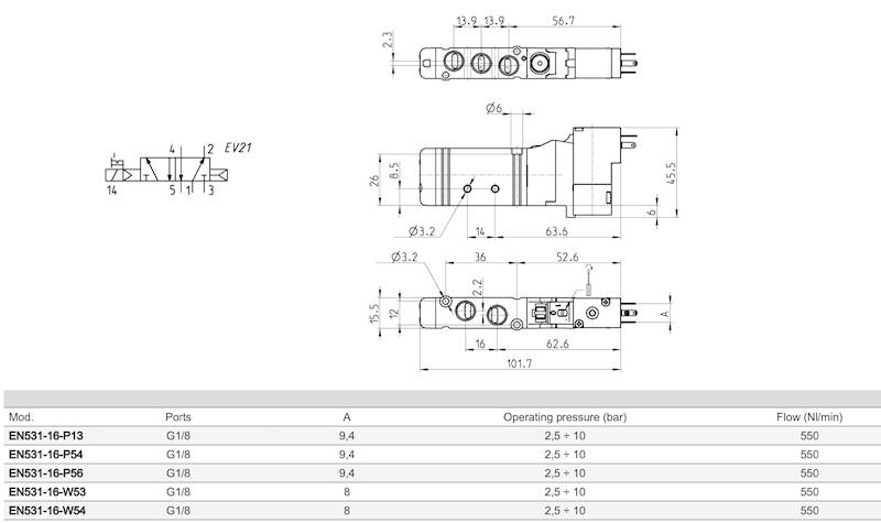 CAMOZZI EN531-16-P13 ELEKTROZAWÓR 5/2 1/8"
